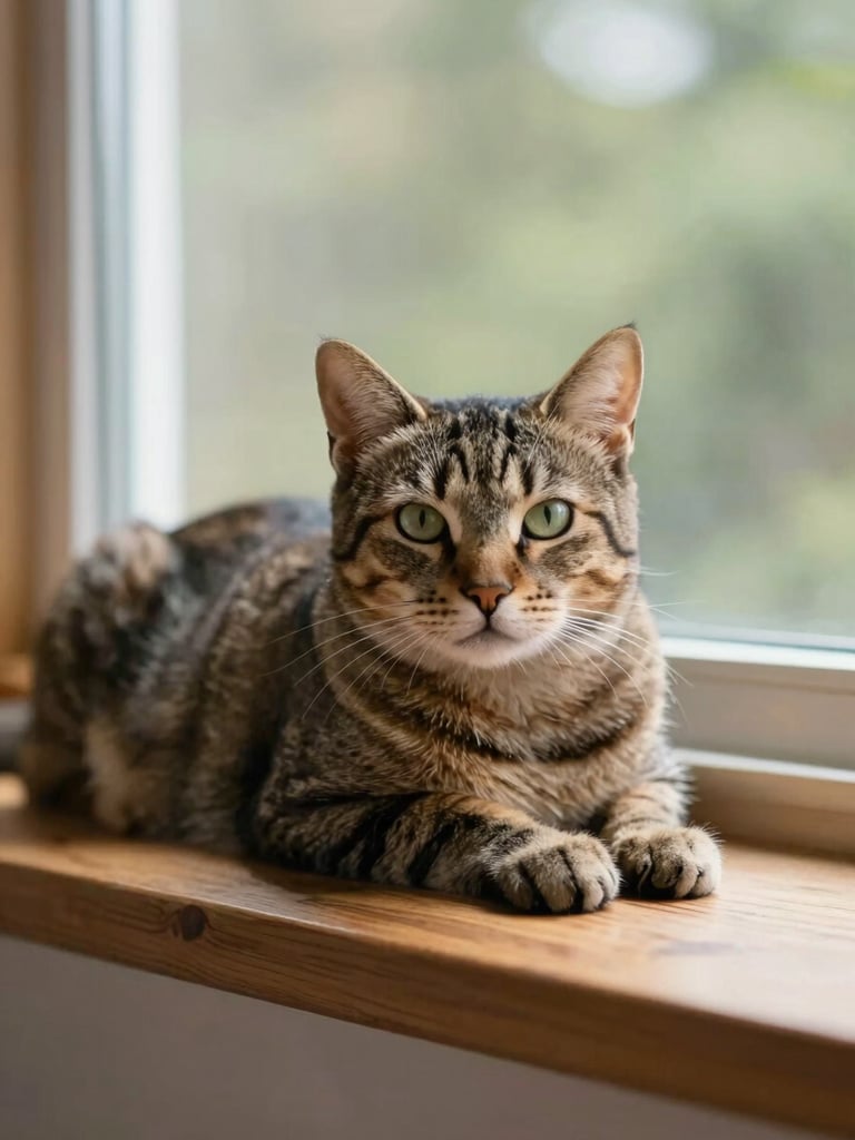 Candid, eye-level portrait of a calm, healthy tabby cat resting on a warm wooden windowsill in soft diffused morning light, shallow depth of field, 35mm.