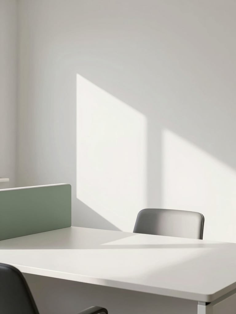 A bright, clean minimalist architectural photograph of an organized modern office desk, natural morning light, neutral tones with sage accents, 35mm