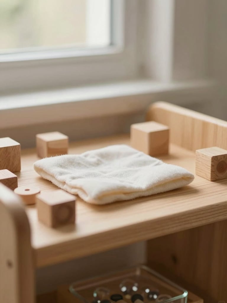 Close-up of a child-sized wooden shelf with small sensory objects — smooth wooden blocks, a soft fabric square, a glass bead tray — bathed in soft north-facing window light, warm diffused indoor glow, shallow depth of field, quiet and orderly