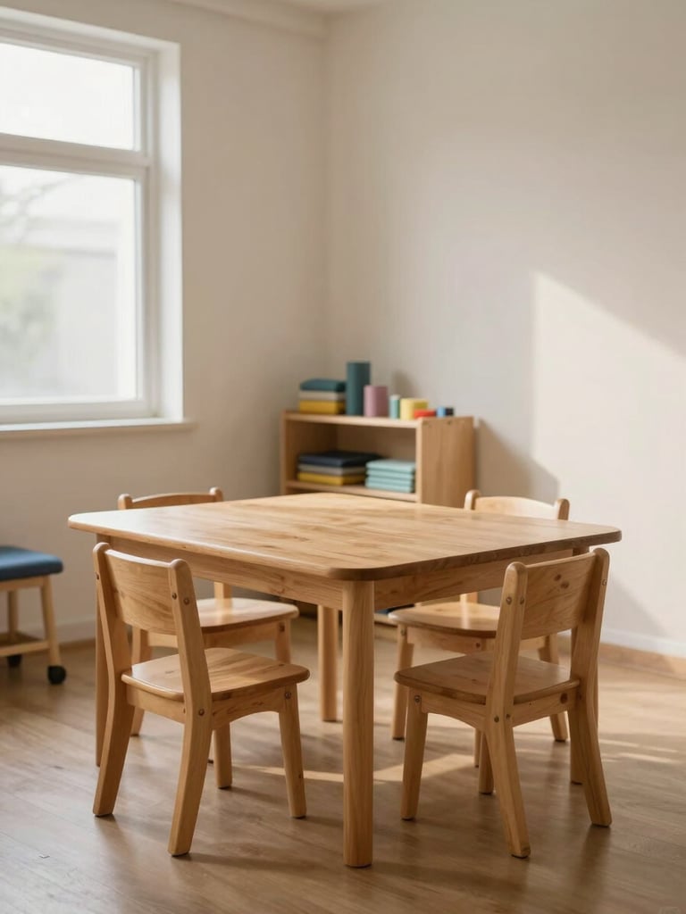 Wide environmental shot of a small therapy room interior — a low wooden table, two child-height chairs, a shelf with organised materials, soft diffused daylight from a side window casting gentle shadows on a pale wall, no people, calm and ordered