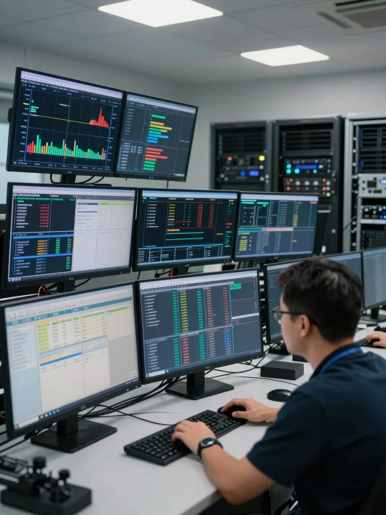 Wide shot of a live operations center, multiple large monitors displaying real-time system dashboards and metric graphs, a technician reviewing alert panels in the foreground, cool natural light from overhead fixtures, server racks visible in the background depth