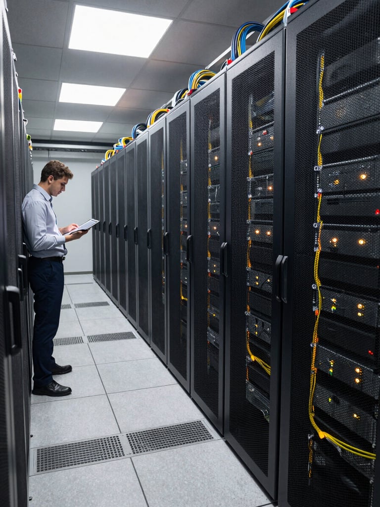 Wide-angle view inside a working data center corridor, rows of illuminated server racks receding into the background, a single engineer in a collared shirt studying a tablet in the left foreground, natural overhead lighting, cables visible in organized bundles, no dramatic color grading