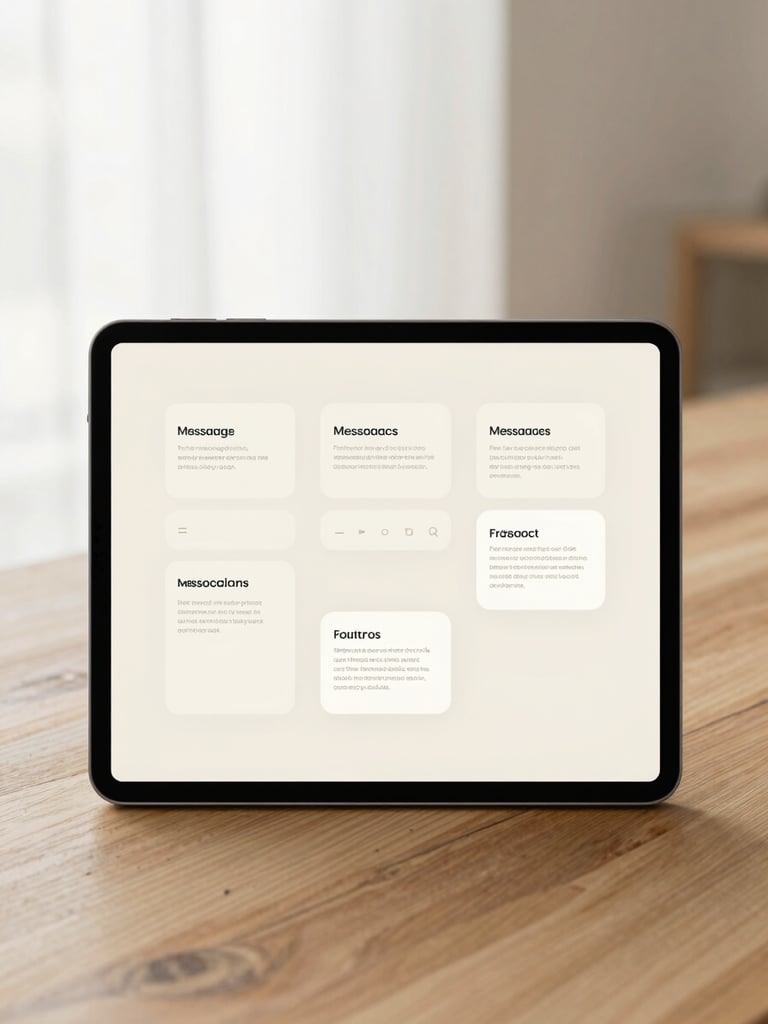 Clean digital mockup of brand messaging frameworks displayed on a sleek tablet, resting on a warm wooden desk with soft diffused daylight