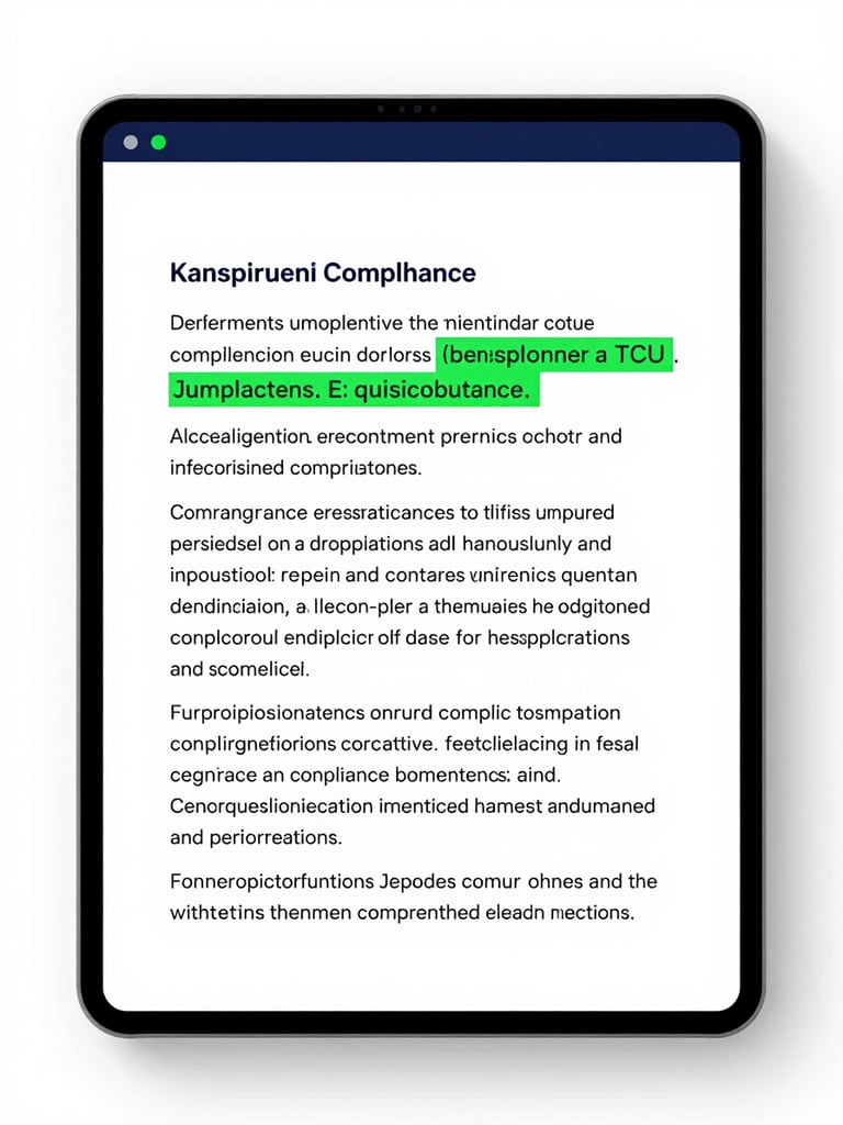 Clean software UI showing legal text with automated compliance warnings and TCU jurisprudence references highlighted in green