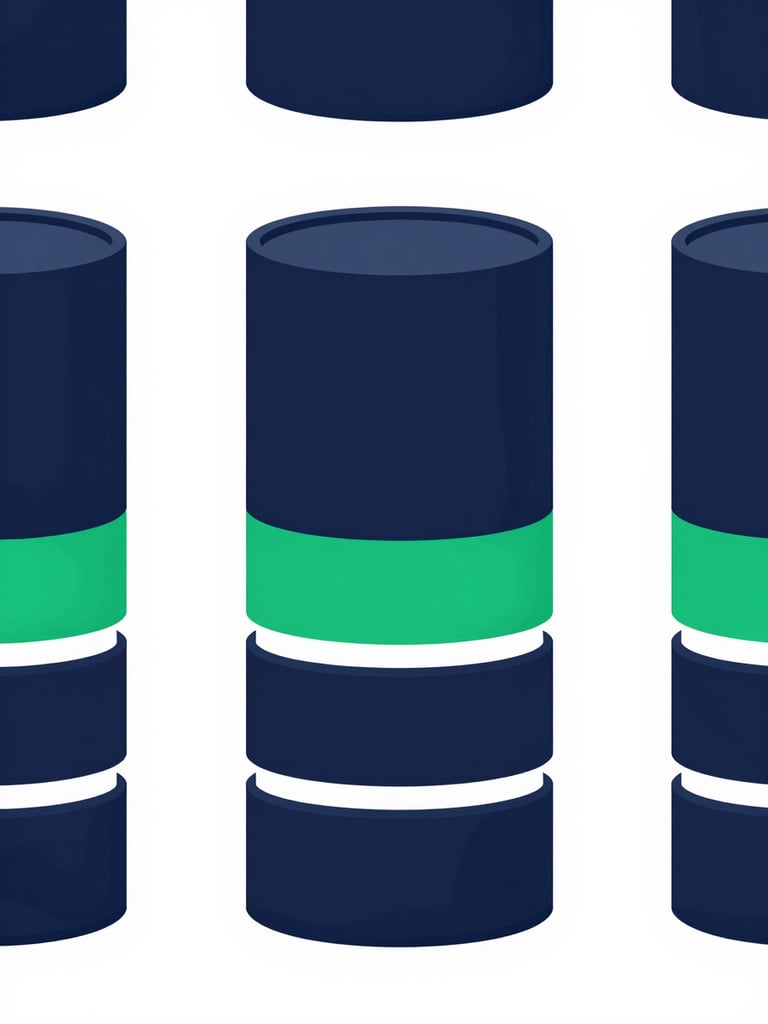 High-contrast security architecture diagram showing isolated database containers, clean lines, corporate navy and emerald green accents