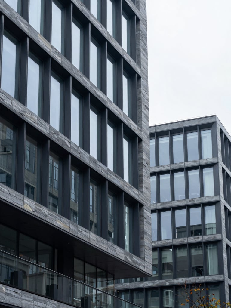 Contemporary corporate architecture detail, clean geometric lines of glass and steel, cool diffused daylight, slate gray tones, sharp focus.