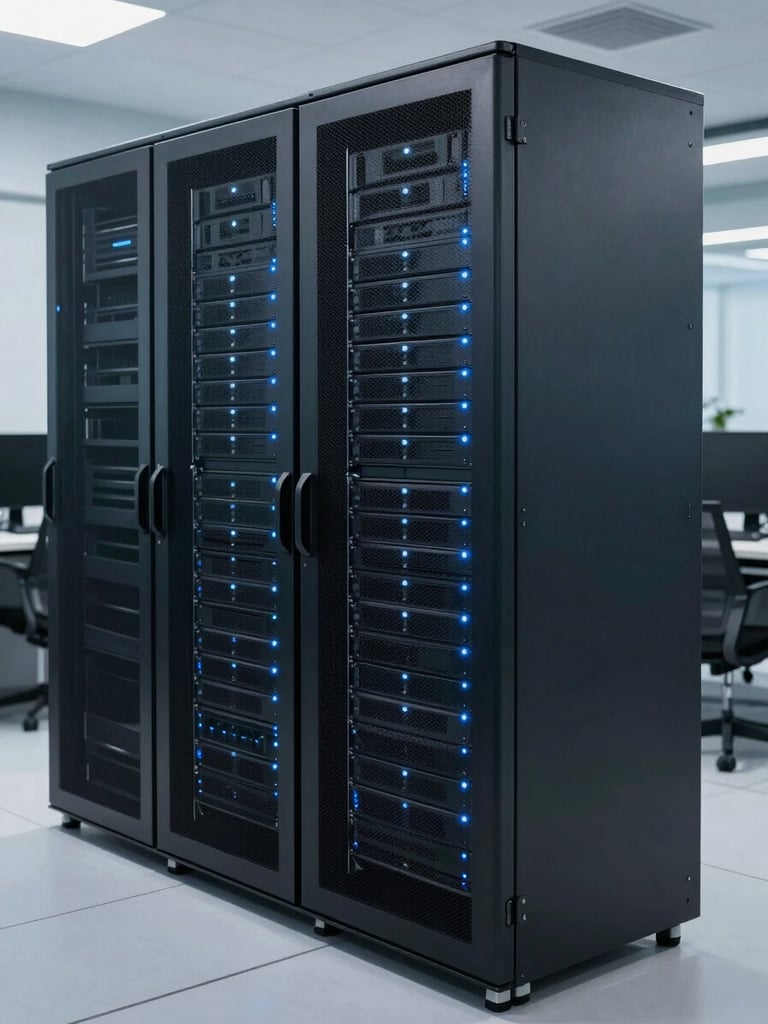 Clean organized server racks with subtle blue LED diagnostic lights in a secure Noida server room, cool-toned professional corporate photography