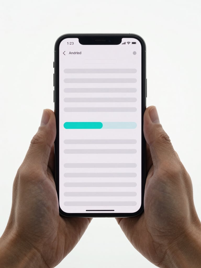Close-up portrait of an Android phone held flat in two hands, screen showing a horizontal timeline interface with minimal bars and a single cyan accent on the active segment, bright studio daylight, clean white background, tight crop on device and hands only