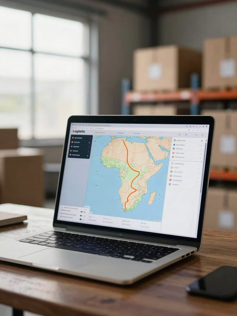 Medium shot of a logistics client dashboard on a laptop screen placed on a warehouse desk, live GPS route map visible with an orange route line across Southern Africa, natural side-window light, cargo crates blurred in the background