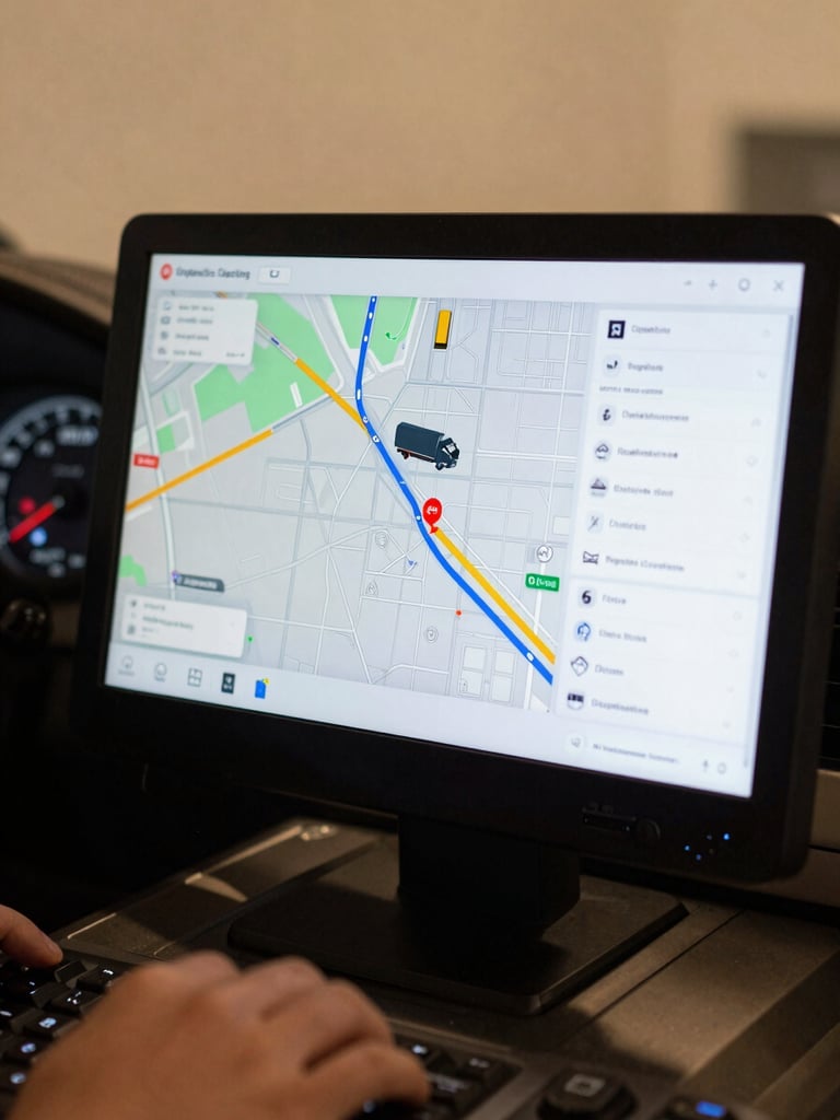 Medium shot of a logistics tracking screen displaying a live route map with a moving truck icon and GPS coordinates, warm cabin lighting, dashboard UI visible, operational and precise