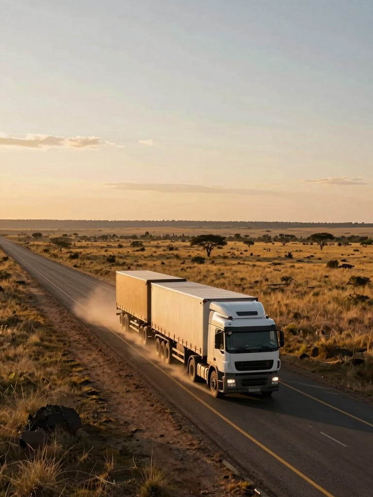 Overhead wide shot of a heavy truck convoy on a straight regional highway cutting through flat Southern African savanna, golden afternoon light, dust trail behind the last truck, sky filling the upper half of the frame