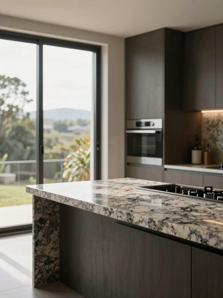 Cozinha moderna integrada com bancada de granito iluminada por luz natural de uma grande janela lateral