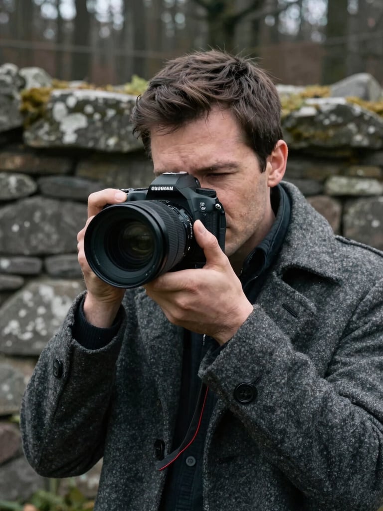 Close-up portrait of a thoughtful photographer in a heavy wool coat, overcast daylight, weathered stone wall in the background, desaturated forest tones.