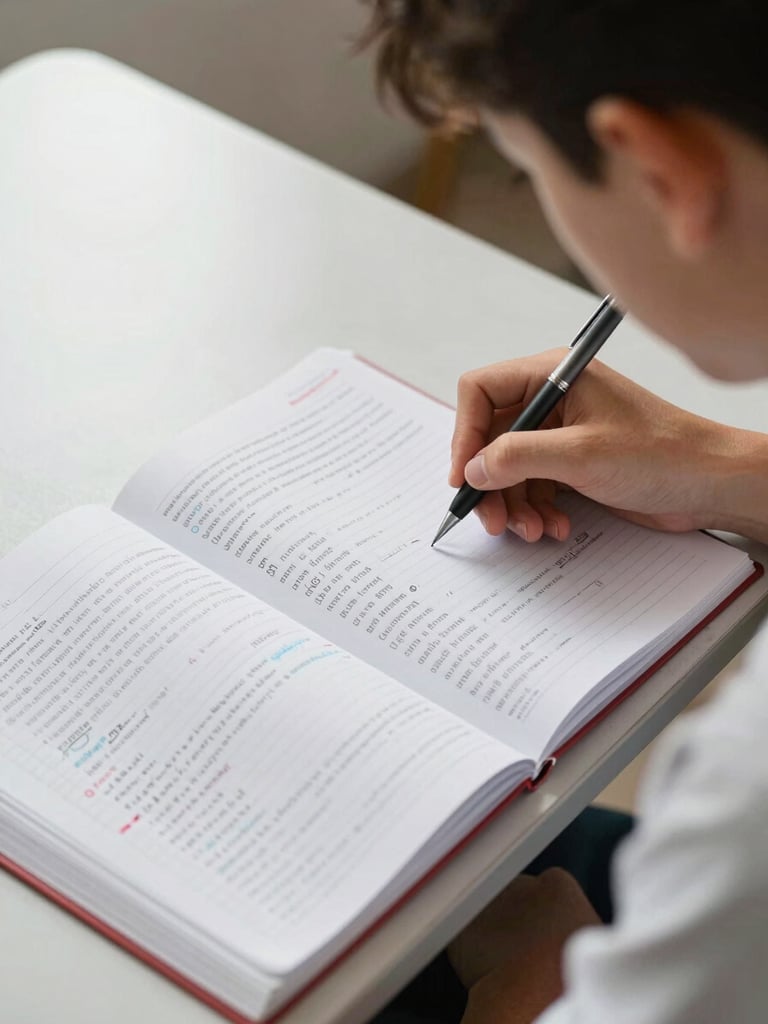 Overhead shot of an upper-school student's open planner and annotated textbook on a desk, pen in hand mid-sentence, natural classroom light from the left, crisp and detailed
