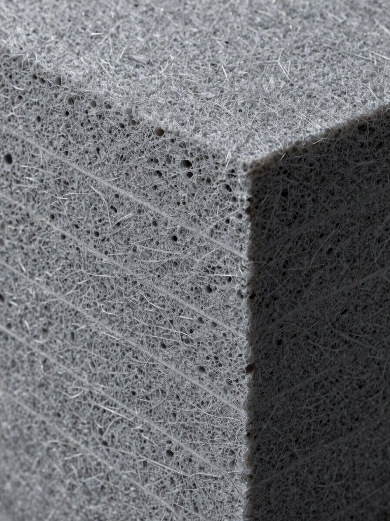 Extreme close-up cross-section of layered mineral wool insulation board, cool north-facing studio light revealing dense fibrous texture and precise cut edges, gray tones, no people