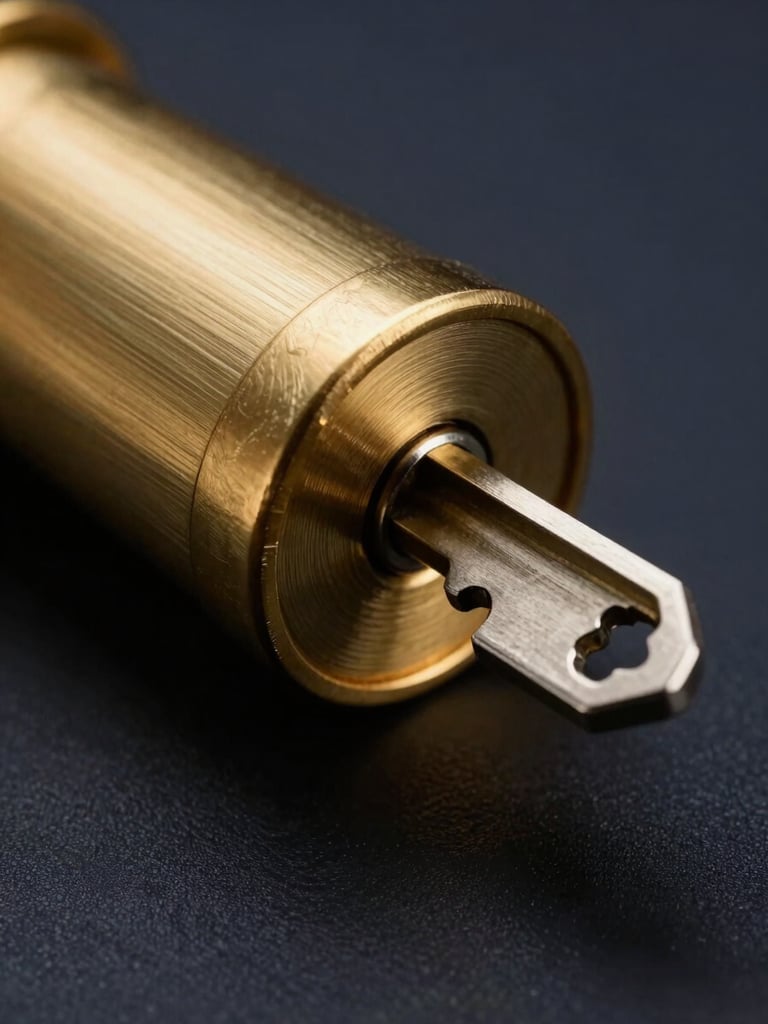Macro shot of a high-end brass lock cylinder with a key inserted, dramatic side lighting highlighting metallic textures against a dark navy background, 50mm focus