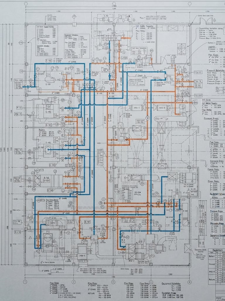 Technical HVAC blueprint diagram with orange and blue piping lines, detailed engineering calculations on a light gray background, sharp focus, technical architectural photography