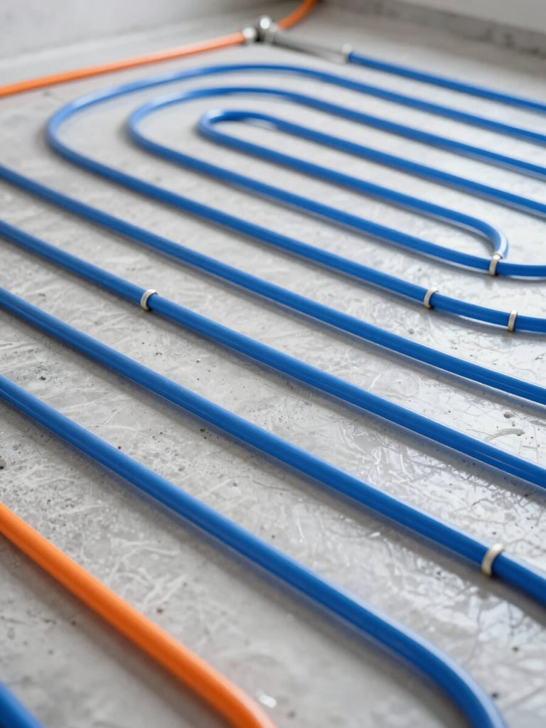 Close-up of installed underfloor heating pipes arranged in a perfect geometric pattern, clean concrete floor, bright technical lighting, sharp focus.