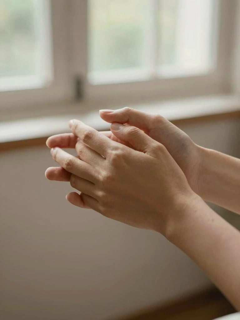 Close-up of hands holding hands gently, soft natural window light, warm tones, comforting atmosphere