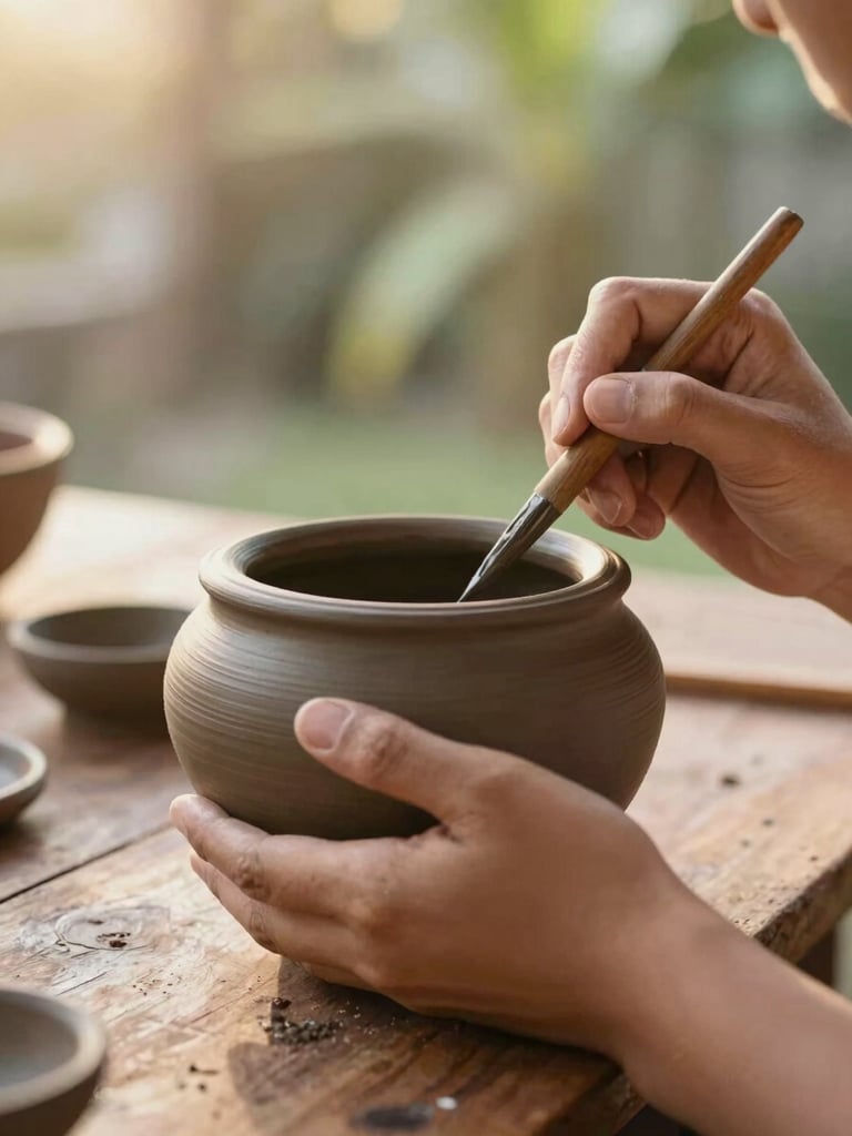 Warm editorial photography, close-up of hands carefully painting a traditional Balinese clay pot on a rustic wooden table, soft golden hour light, shallow depth of field, 35mm