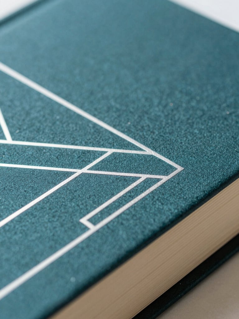 Close-up macro shot of a textured book cover with embossed silver geometric lines, deep teal paper stock, soft natural side-lighting