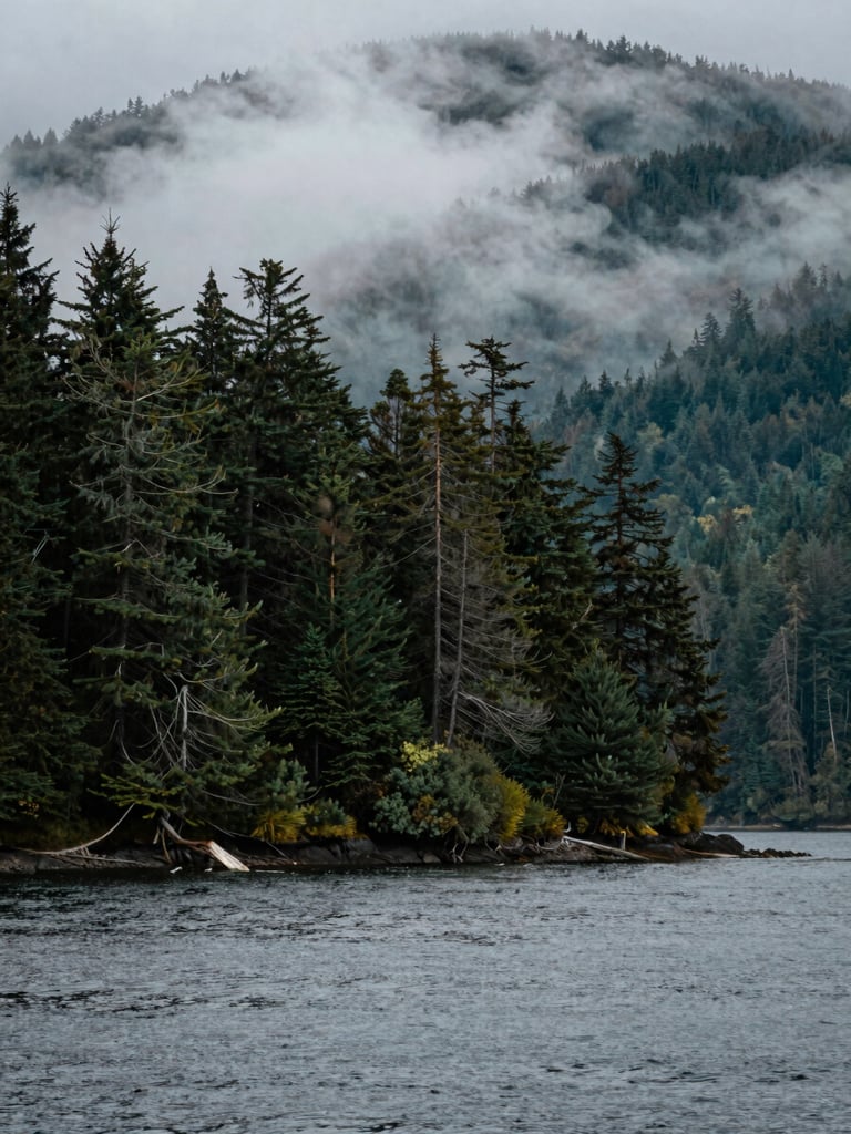 Moody landscape of the Pacific Northwest coast with thick fog rolling over dark pine trees and quiet gray water, soft natural light.
