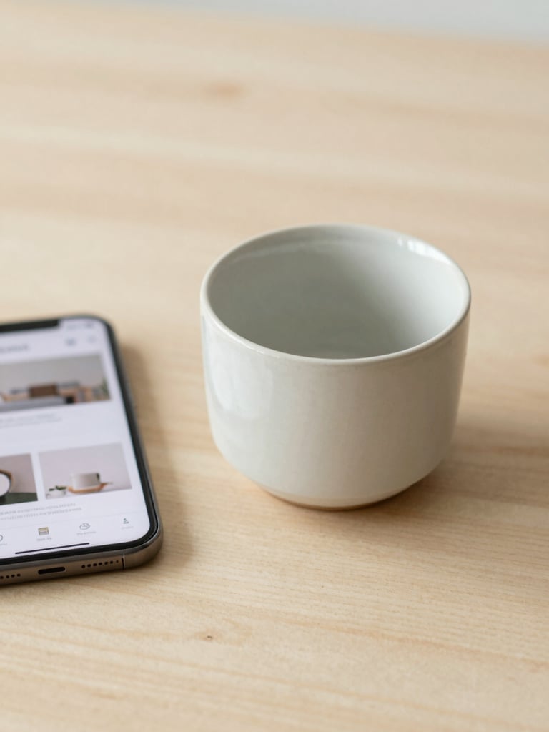 A close-up of a minimalist ceramic teacup on a light wooden desk, next to a smartphone displaying a responsive website layout, soft diffused morning light.