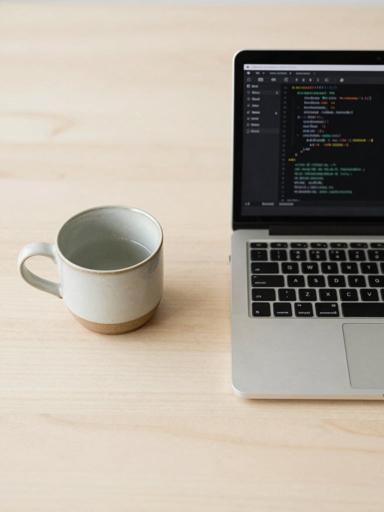 Overhead flat-lay of a minimalist wooden desk in soft morning daylight, a single ceramic teacup next to a sleek laptop displaying clean code syntax highlighting, warm cream tones.