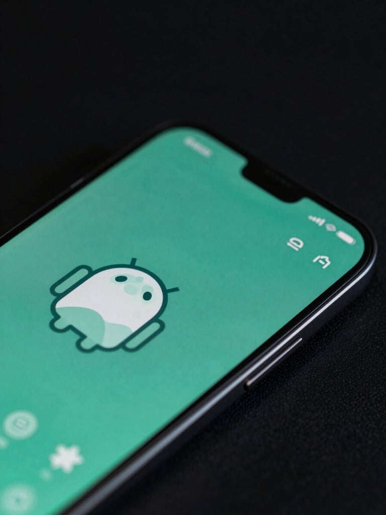 Close-up macro shot of a physical high-refresh-rate Android device screen displaying a fluid, custom vector UI animation. Low-key studio lighting with subtle mint-green edge highlights, deep obsidian background, sharp focus on the glass texture.