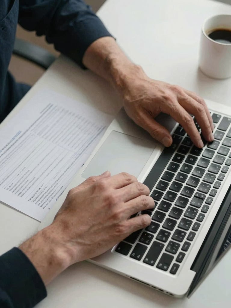 Close-up overhead framing of hands resting on a laptop keyboard on a wide desk, a printed reconciliation sheet visible to the left, overhead office fluorescent light casting clean even shadows, a half-empty coffee mug at the far edge