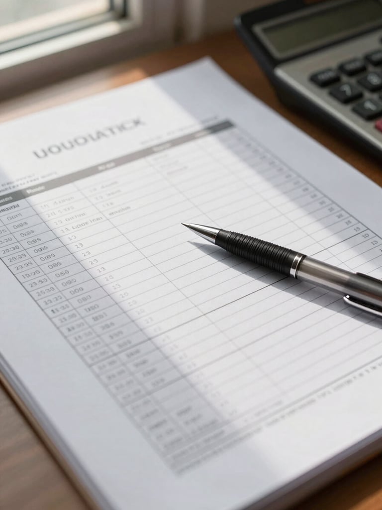 Close-up of a printed payroll register on a desk, a pen resting across the page, natural window light from the left, a calculator partially visible at the edge, no faces