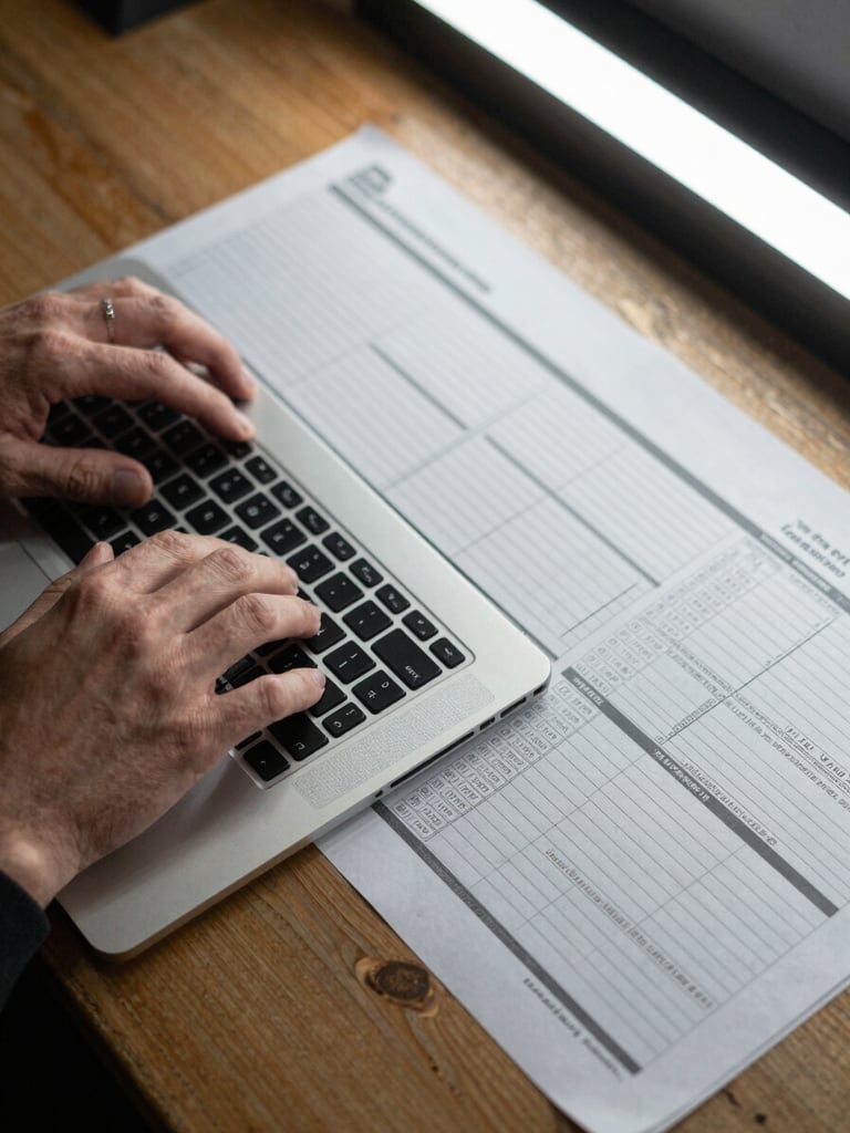 Close-up overhead shot of hands entering data on a laptop keyboard, a printed job-cost report spread open beside it on a worn wooden desk, overhead office fluorescent light, no faces visible