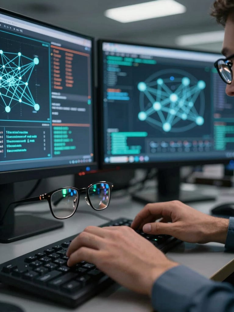 Extreme close-up of a security analyst's hands on a keyboard, monitors reflected in glasses, forensic network graph glowing on screen in the background, cool overhead lighting, dark operational environment, high-contrast data overlay visible on secondary monitor