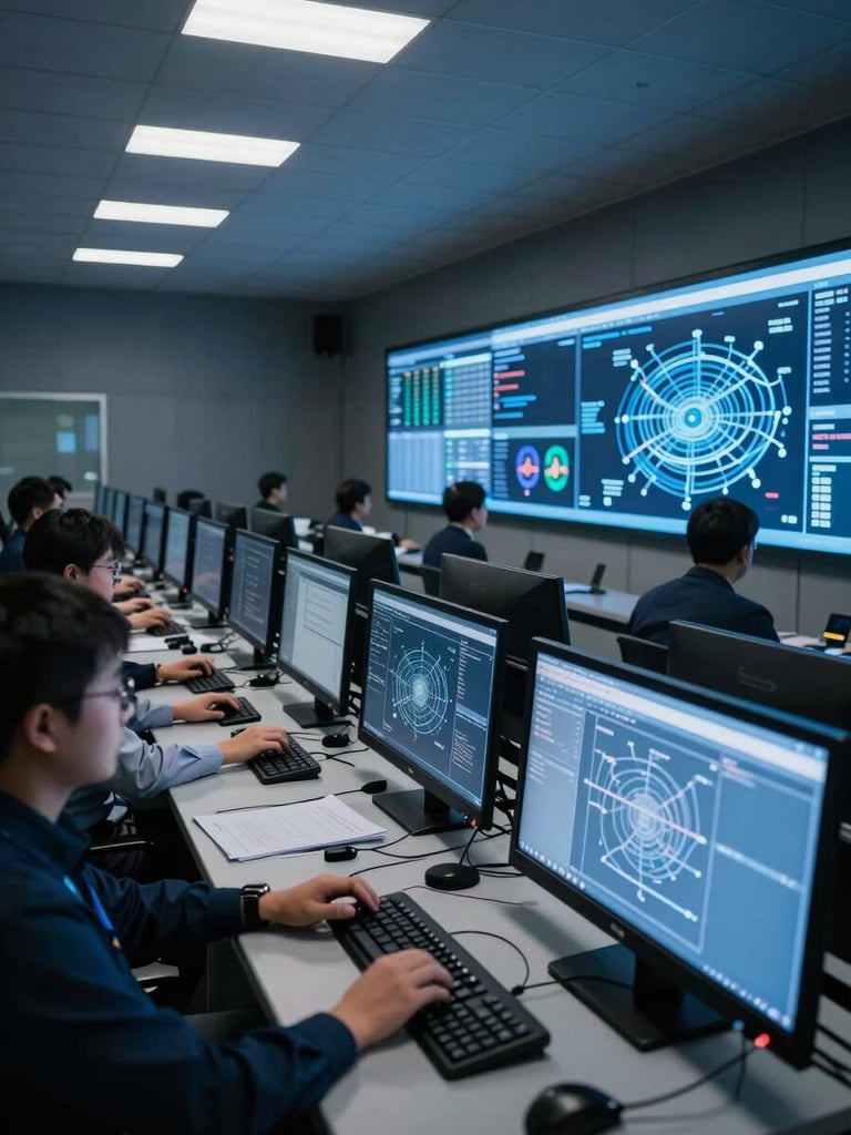 Wide-angle security operations center at night, analysts at illuminated workstations to the left third, walls of dashboards and network maps glowing blue-white, cool overhead lighting, hands on keyboards in sharp focus, deep shadows in the background corners