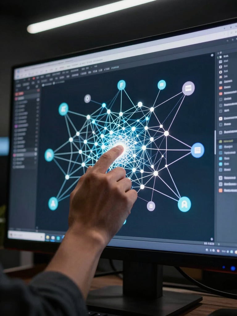 Extreme close-up of a threat analyst's hands navigating a network topology map on a large monitor, glowing node connections and domain clusters visible on screen, cool overhead lighting, side angle emphasizing focus and precision, dark workspace background