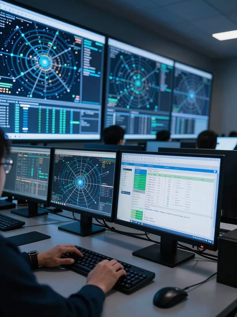 Wide side-angle view of a security operations center at night, multiple large monitors displaying network topology maps and domain registration data, a analyst's hands resting on keyboard in foreground, cool blue monitor glow as primary light source, no faces visible