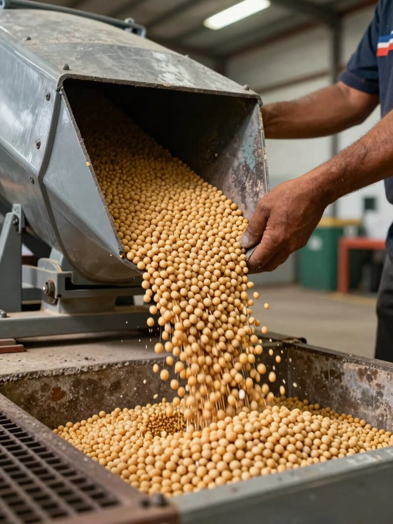 Close-up of a worker's hands operating a grain auger intake at a receiving station in Goiás, loose soybean kernels cascading into the pit under overhead warehouse lighting, concrete floor and steel grating visible in the foreground