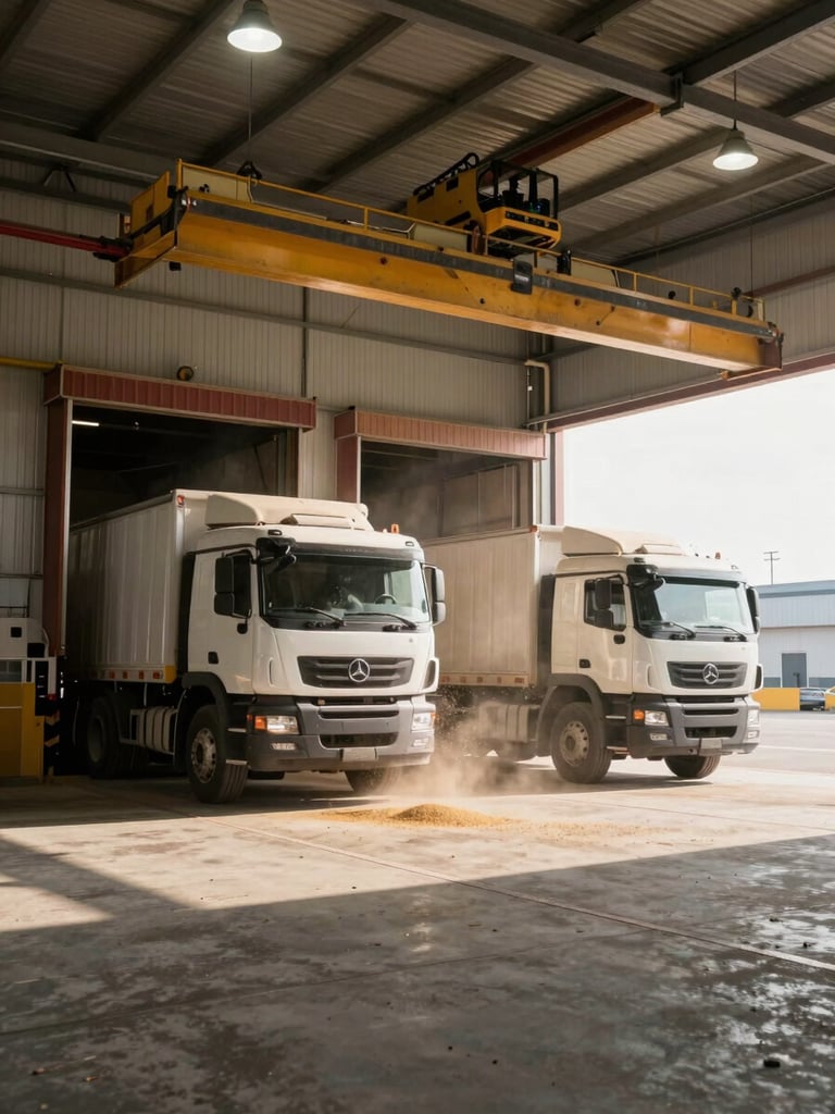Wide environmental shot, loading dock at an industrial grain terminal, two heavy trucks positioned under overhead loaders in motion, dust and grain particles visible in facility lighting, industrial overhead lamps casting hard shadows on concrete floor, photographed from ground level left third of frame with deep perspective into facility, no people posed