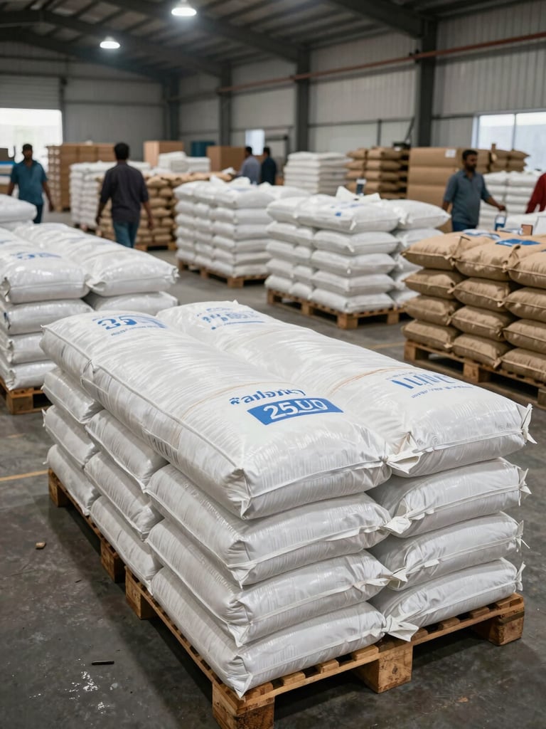 Wide shot of a Pakistani warehouse loading dock, rows of white 1-ton FIBC jumbo bags and 25kg 50kg kraft sacks stacked on pallets under tungsten warehouse light, workers in background moving product, industrial export scale visible
