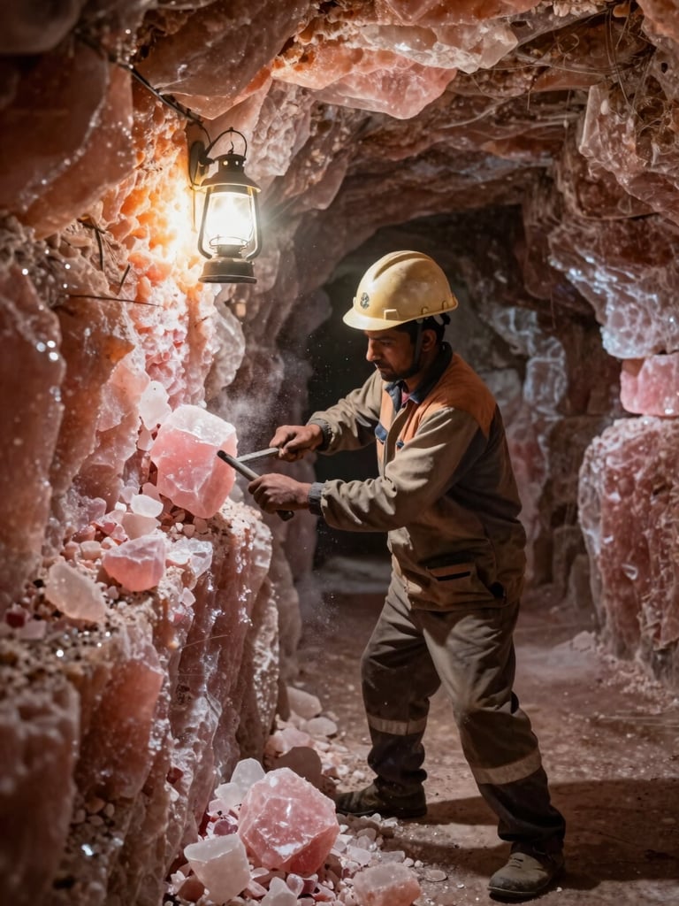 Close environmental shot inside Khewra salt mine tunnel, a Pakistani miner in hard hat and work clothes hand-cutting a pink salt crystal block from the tunnel wall using a chisel, warm amber lantern light casting long shadows on the rose-pink walls, salt dust visible in the air