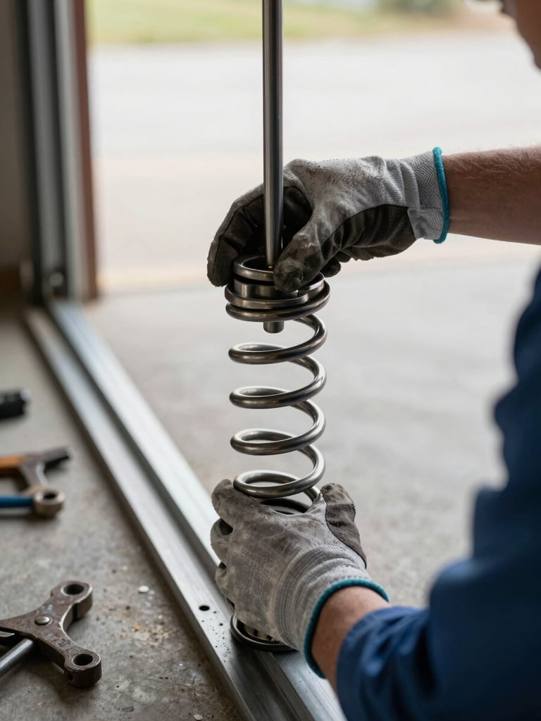 Close-up of a technician's gloved hands gripping a garage door torsion spring, natural daylight from an open garage bay, worn tools visible on the concrete floor beside the door track