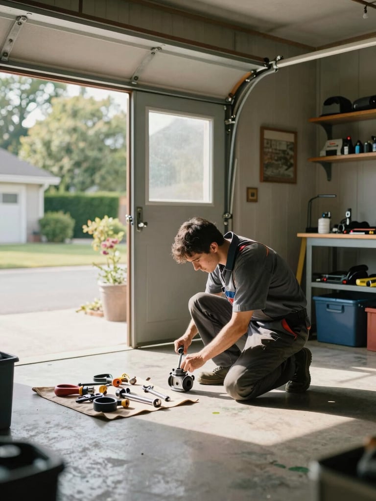 Wide shot of a residential garage interior, a technician crouched at the base of the door examining a bottom bracket with a wrench, natural daylight flooding in from the open driveway, assorted hand tools arranged on a drop cloth nearby
