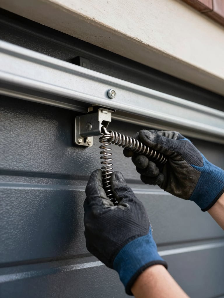 Close-up of gloved hands gripping a torsion spring on a residential garage door track, natural daylight filtering through an open garage bay, coiled steel in sharp focus against the dark door panel