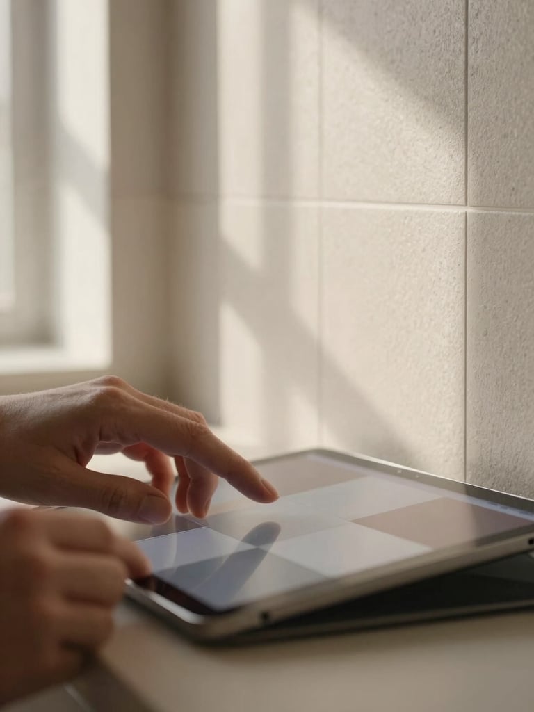 Close-up macro detail of hands interacting with digital material samples on a tablet, showing a tile texture change on a virtual wall, soft natural light, warm minimalist tones, 35mm lens.