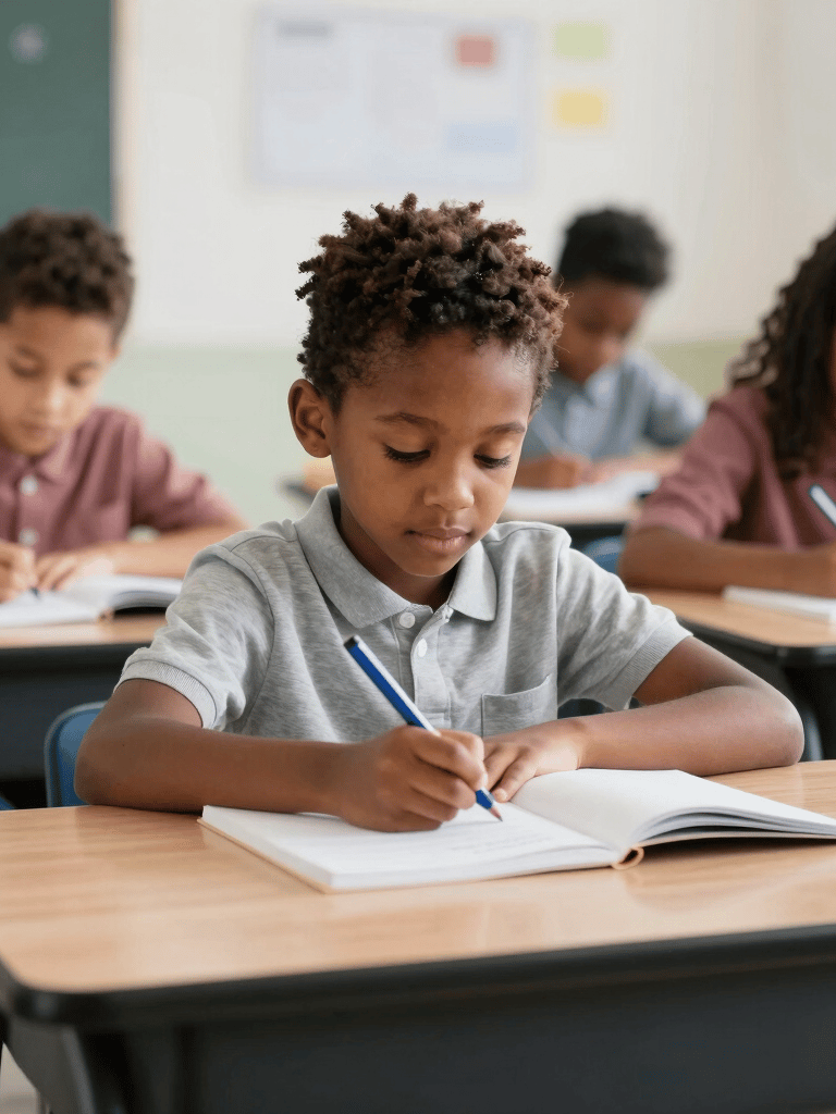 Close-up, slightly left-framed: a young child of about four leaning forward at a low wooden table, listening intently to an off-camera teacher, natural north-facing classroom light falling across the child's face, pencil held mid-air, expression concentrated and still — no smile, no camera awareness