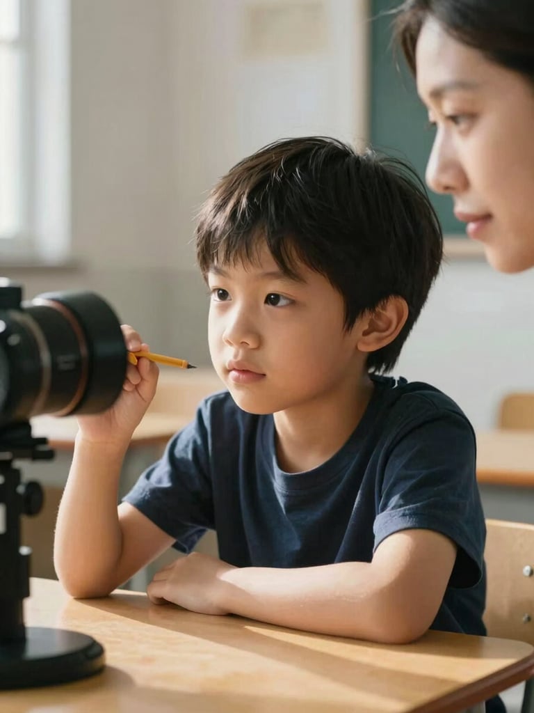 Close-up, slightly left-framed: a young child of about four leaning forward at a low wooden table, listening intently to an off-camera teacher, natural north-facing classroom light falling across the child's face, pencil held mid-air, expression concentrated and still — no smile, no camera awareness