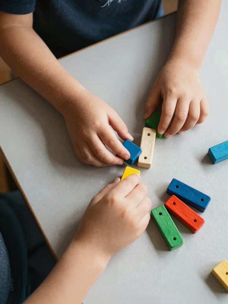 Close overhead shot of a child's hands arranging coloured wooden objects on a low table, natural north-facing daylight, learning materials sharp and clearly visible, no faces in frame