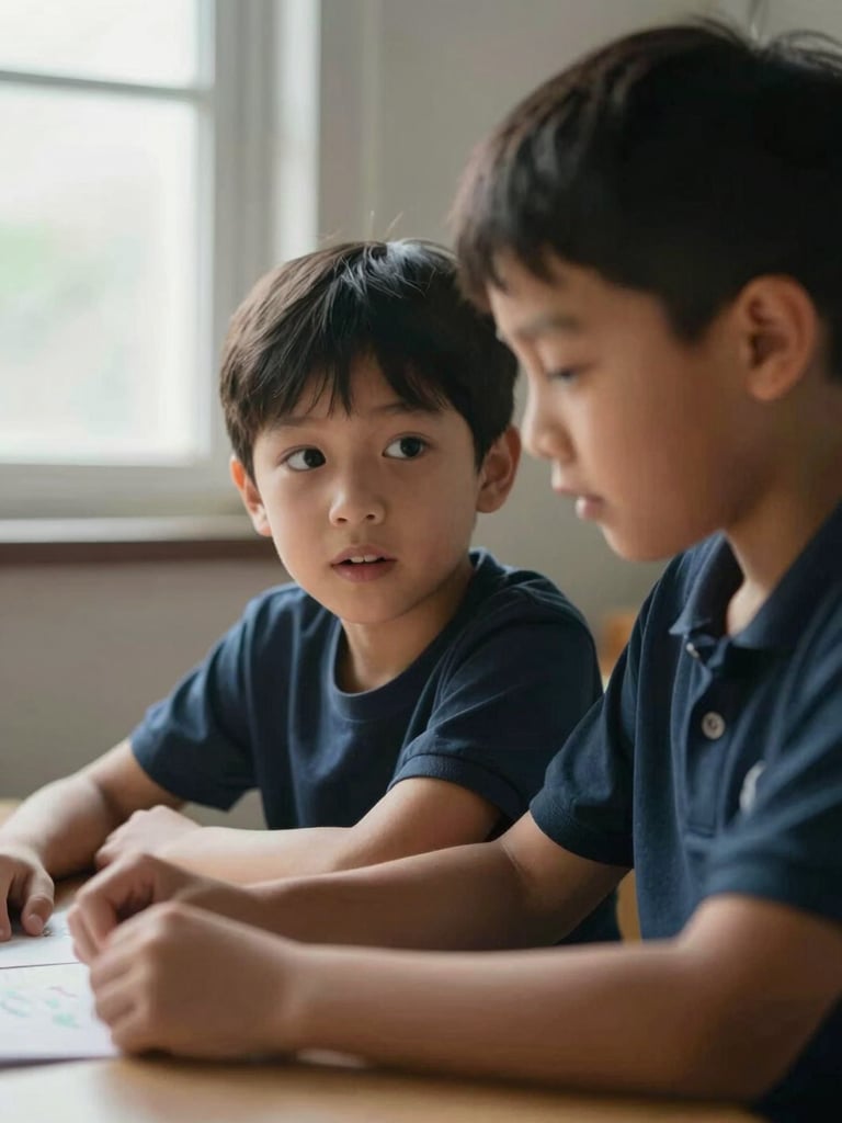 Documentary close-up of two young children seated at a low table, one listening intently to the other who is speaking, natural window light from the left, hands resting on a shared learning object, faces in three-quarter profile — no posed smiles