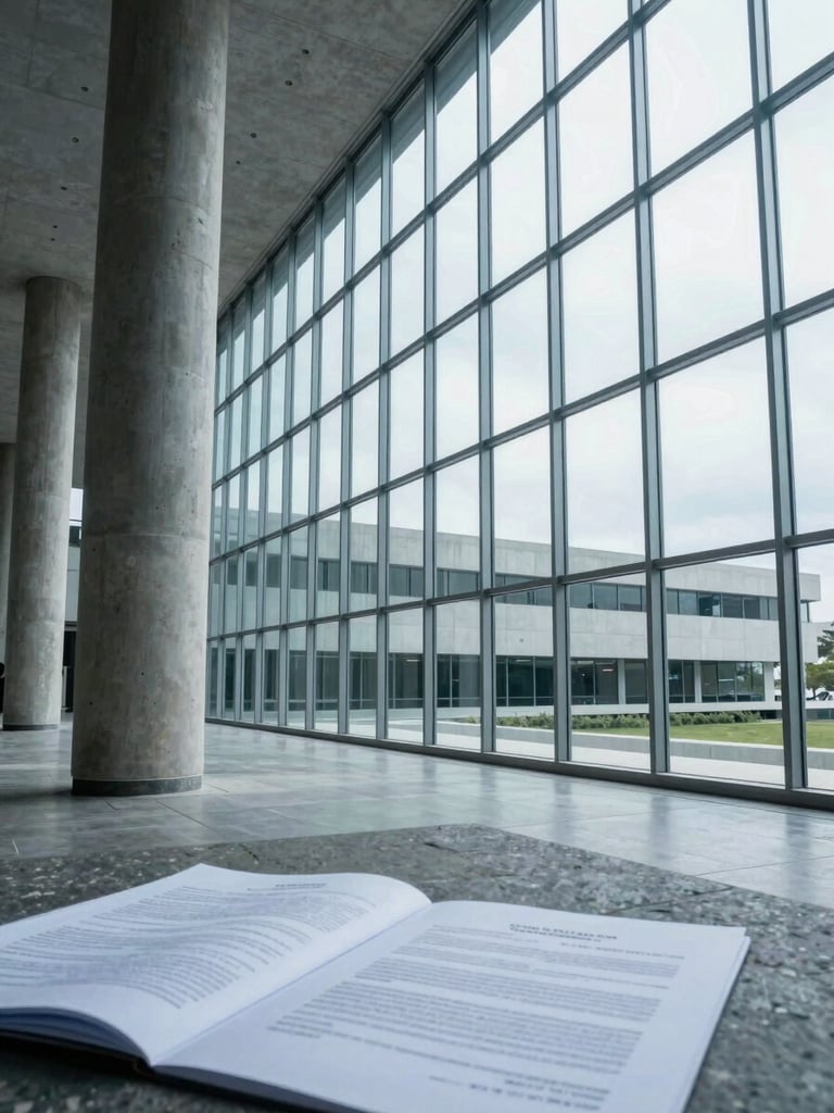 Wide interior of a modern Mexican government building corridor, natural cold overcast light flooding through floor-to-ceiling glass panels on the right, structural concrete columns in the foreground left, open contract documents spread on a stone surface in the lower third, no people, architectural precision, cool blue-grey tones
