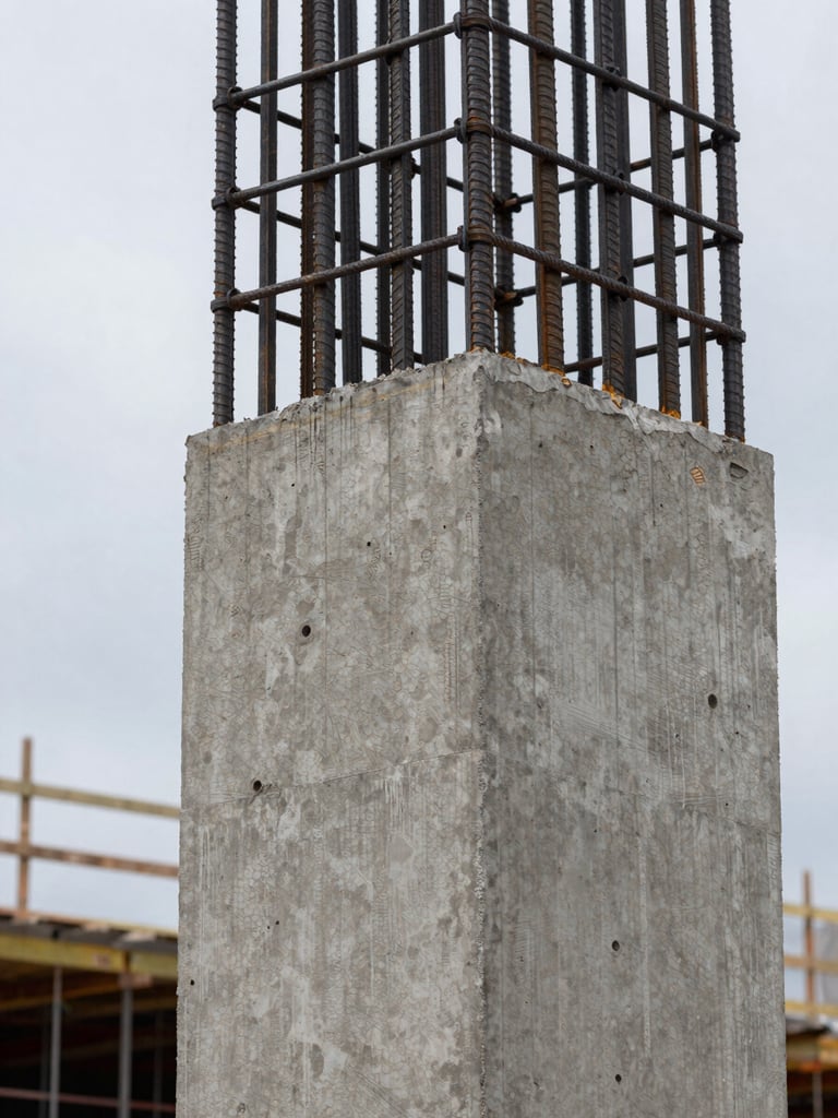 Close-up detail of a reinforced concrete structural column at an active construction site in Mexico — steel rebar emerging from formwork, natural overcast daylight from the left, cool grey tones, no people, tight framing on the material texture and engineering geometry